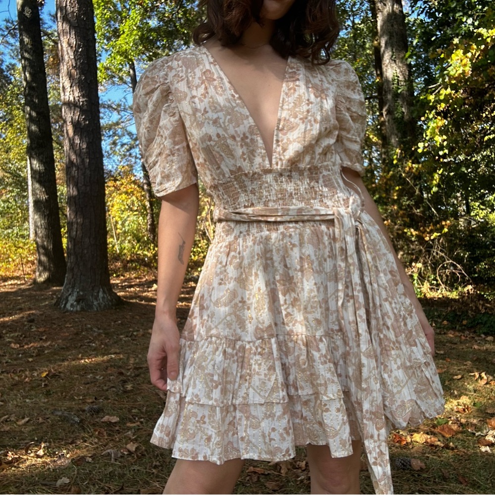 Cleobella Beige Floral Puff Sleeve Mini Dress